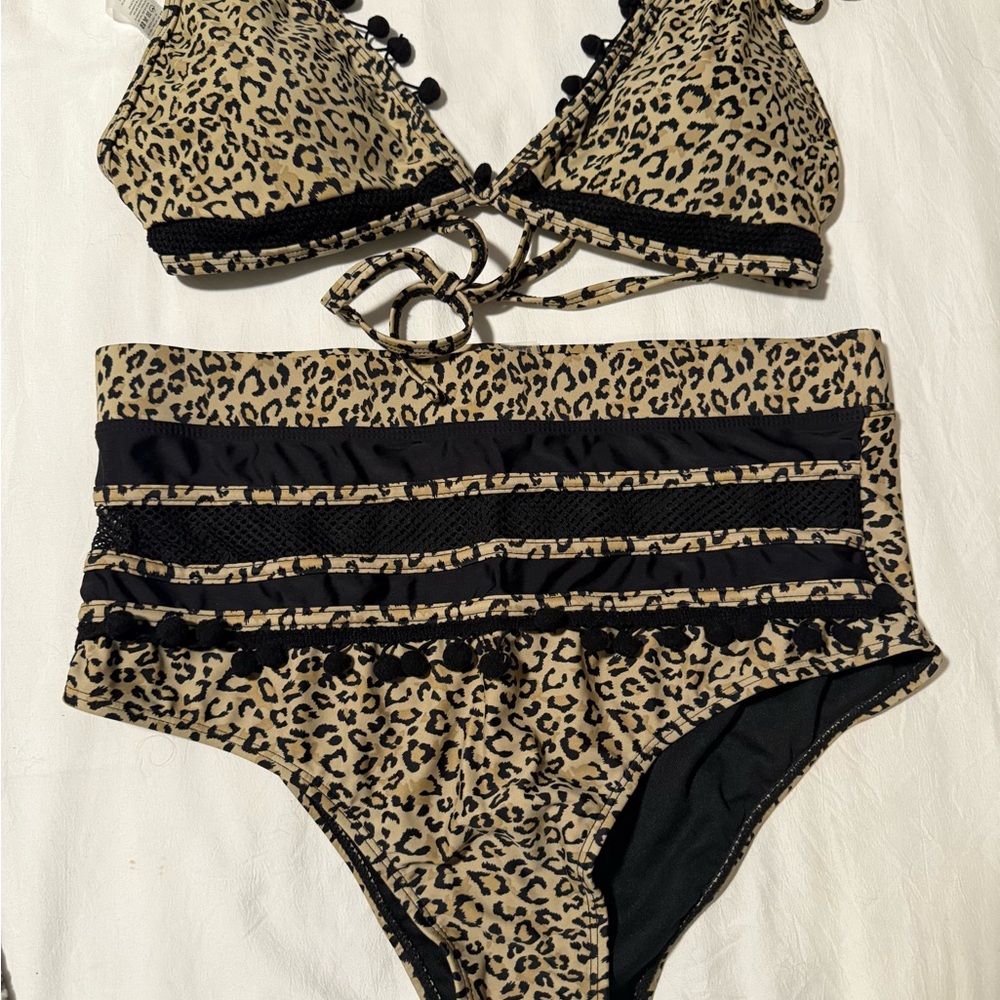 Brown and Black Leopard Print Bikini High-Waisted Swimwear